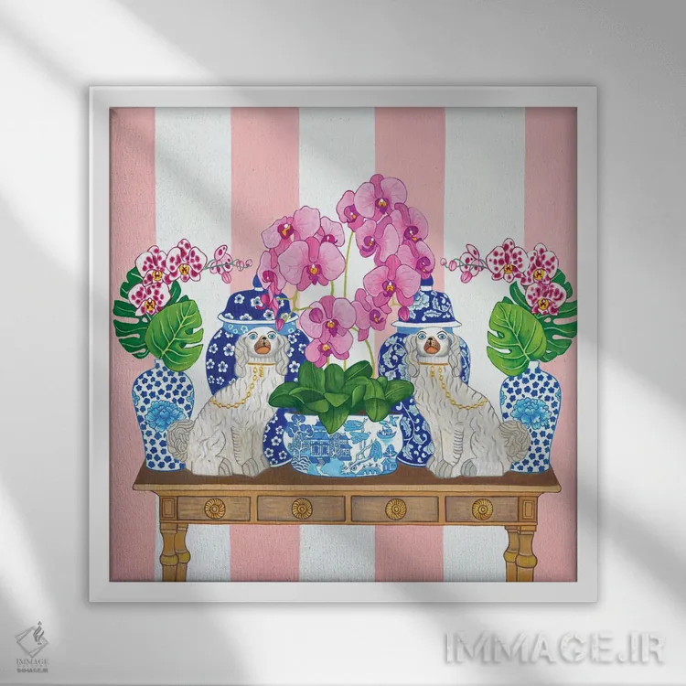 تابلو سگهای استافوردشایر چینی روی میز با ارکیده، برگ مانسترا و کوزه زنجبیلی اثر گرین ارکید بوتیک (بوتیک هنری) - نمای قابدار سفید