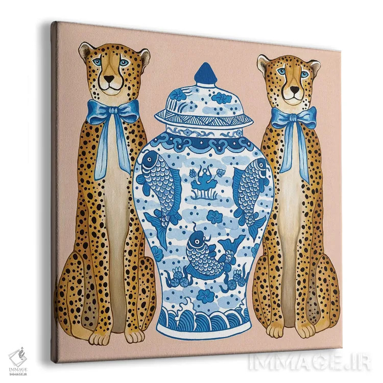 تابلو یوزپلنگهای چینی با کوزه زنجبیلی آبی و سفید اثر گرین ارکید بوتیک (بوتیک هنری) - نمای پرسپکتیو محصول