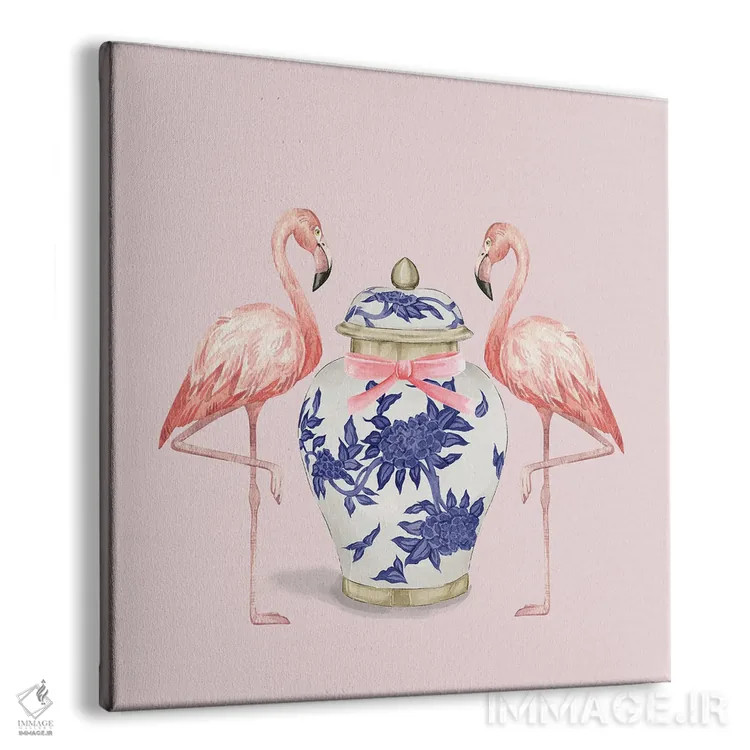 تابلو فلامینگوهای چینی روی صورتی با کوزه زنجبیلی اثر گرین ارکید بوتیک (بوتیک هنری) - نمای پرسپکتیو محصول