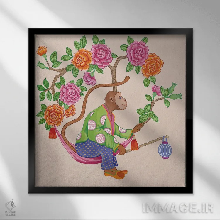 تابلو میمونهای چینی با گل صدتومانی و رز ۱ اثر گرین ارکید بوتیک (بوتیک هنری) - نمای قابدار مشکی