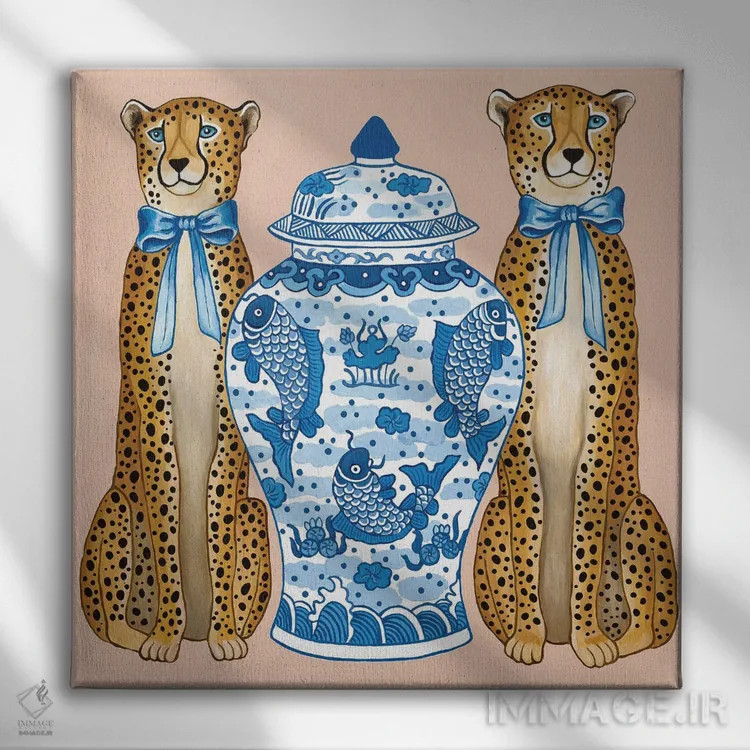 تابلو یوزپلنگهای چینی با کوزه زنجبیلی آبی و سفید اثر گرین ارکید بوتیک (بوتیک هنری) - نمای روبهرو روی دیوار
