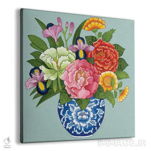 تابلو گلهای چینی: صدتومانی، رز، داوودی در کوزه زنجبیلی آبی و سفید روی زمینه آبی اثر گرین ارکید بوتیک (بوتیک هنری) - نمای پرسپکتیو محصول