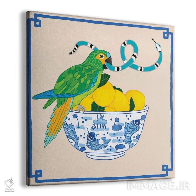 تابلو طوطی با مارها روی تنگ ماهی چینی با لیمو اثر گرین ارکید بوتیک (بوتیک هنری) - نمای پرسپکتیو محصول