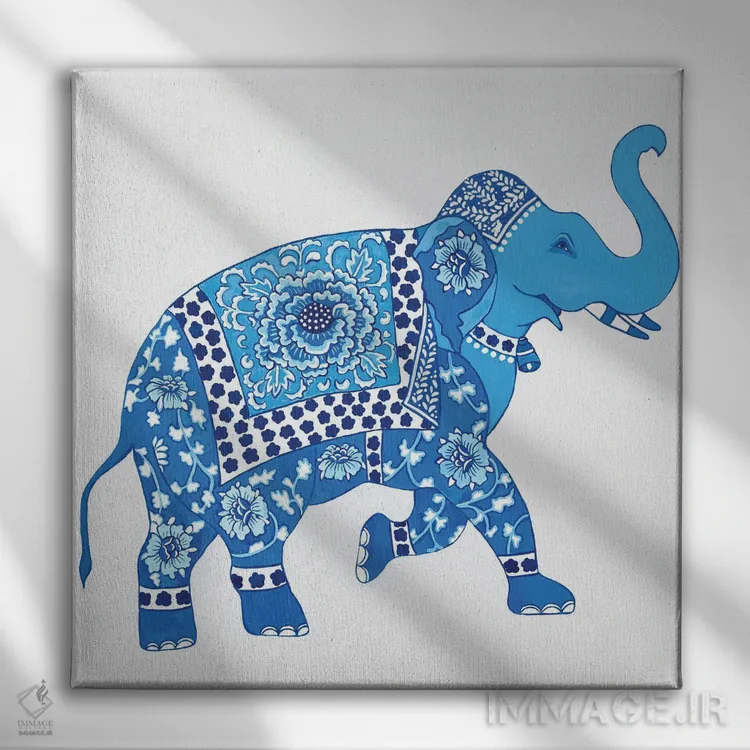 تابلو فیل چینی آبی و سفید ۲ اثر گرین ارکید بوتیک (بوتیک هنری) - نمای روبهرو روی دیوار