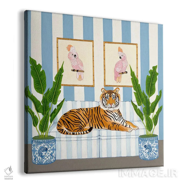 تابلو ببر چینی با کوزههای زنجبیلی و کاکاتوی صورتی اثر گرین ارکید بوتیک (بوتیک هنری) - نمای پرسپکتیو محصول
