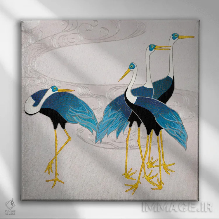 تابلو درناهای ژاپنی آبی و سفید روی ارغوانی ۲ اثر گرین ارکید بوتیک (بوتیک هنری) - نمای روبهرو روی دیوار