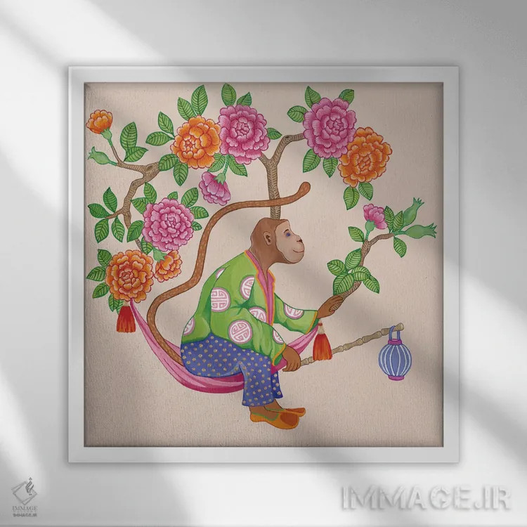 تابلو میمونهای چینی با گل صدتومانی و رز ۱ اثر گرین ارکید بوتیک (بوتیک هنری) - نمای قابدار سفید