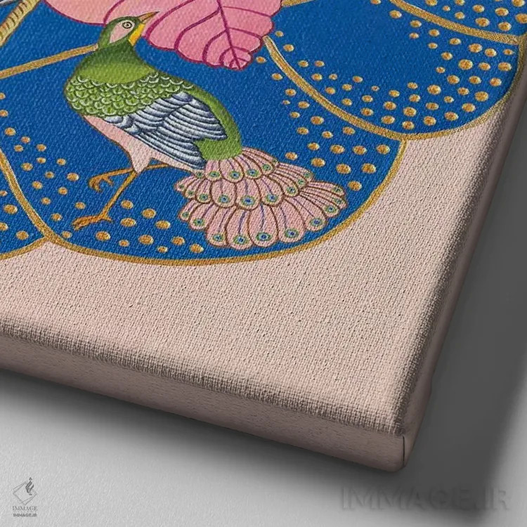 تابلو طرح چینی برگ توتون با پرندگان استوایی و طاووس اثر گرین ارکید بوتیک (بوتیک هنری) - نمای نزدیک بافت بوم