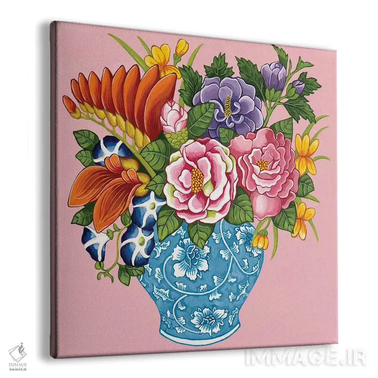 تابلو گلهای صدتومانی و رز چینی در کوزه زنجبیلی آبی و سفید روی صورتی اثر گرین ارکید بوتیک (بوتیک هنری) - نمای پرسپکتیو محصول