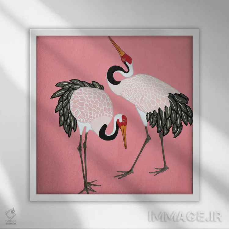 تابلو درناهای ژاپنی روی صورتی اثر گرین ارکید بوتیک (بوتیک هنری) - نمای قابدار سفید