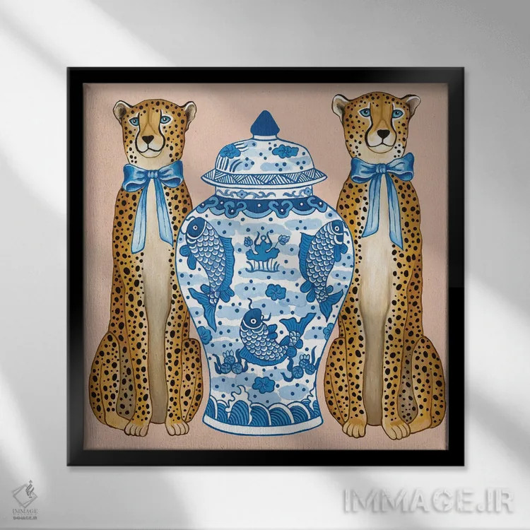 تابلو یوزپلنگهای چینی با کوزه زنجبیلی آبی و سفید اثر گرین ارکید بوتیک (بوتیک هنری) - نمای قابدار مشکی