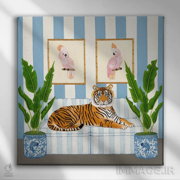 تابلو ببر چینی با کوزههای زنجبیلی و کاکاتوی صورتی اثر گرین ارکید بوتیک (بوتیک هنری) - نمای روبهرو روی دیوار