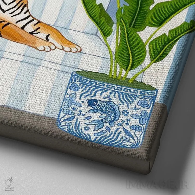 تابلو ببر چینی با کوزههای زنجبیلی و کاکاتوی صورتی اثر گرین ارکید بوتیک (بوتیک هنری) - نمای نزدیک بافت بوم