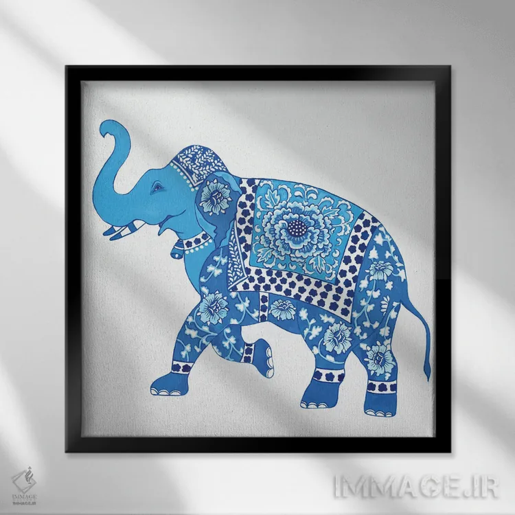 تابلو فیل چینی آبی و سفید ۱ اثر گرین ارکید بوتیک (بوتیک هنری) - نمای قابدار مشکی