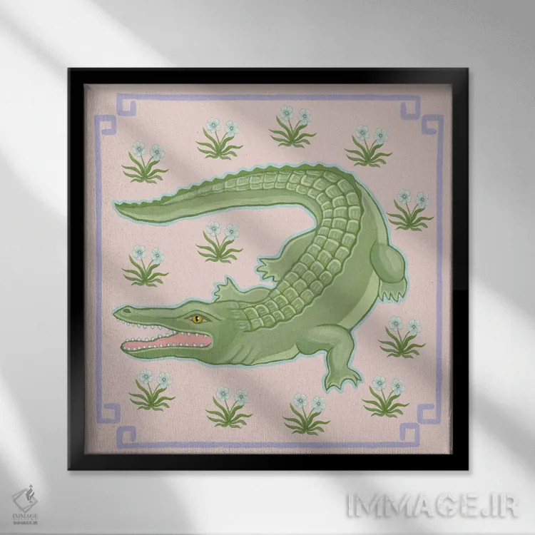 تابلو تمساح چینی با گلهای مغولی(هندی) اثر گرین ارکید بوتیک (بوتیک هنری) - نمای قابدار مشکی