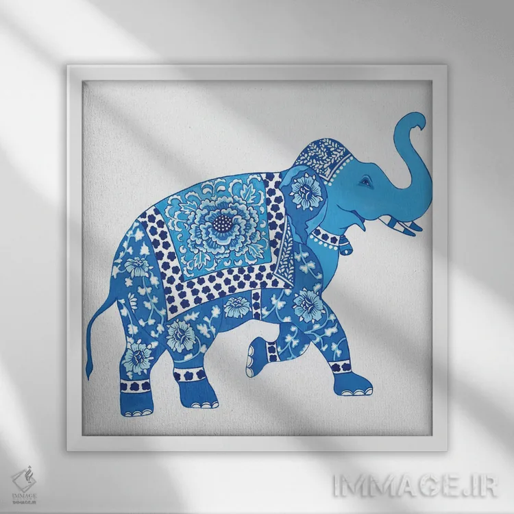 تابلو فیل چینی آبی و سفید ۲ اثر گرین ارکید بوتیک (بوتیک هنری) - نمای قابدار سفید