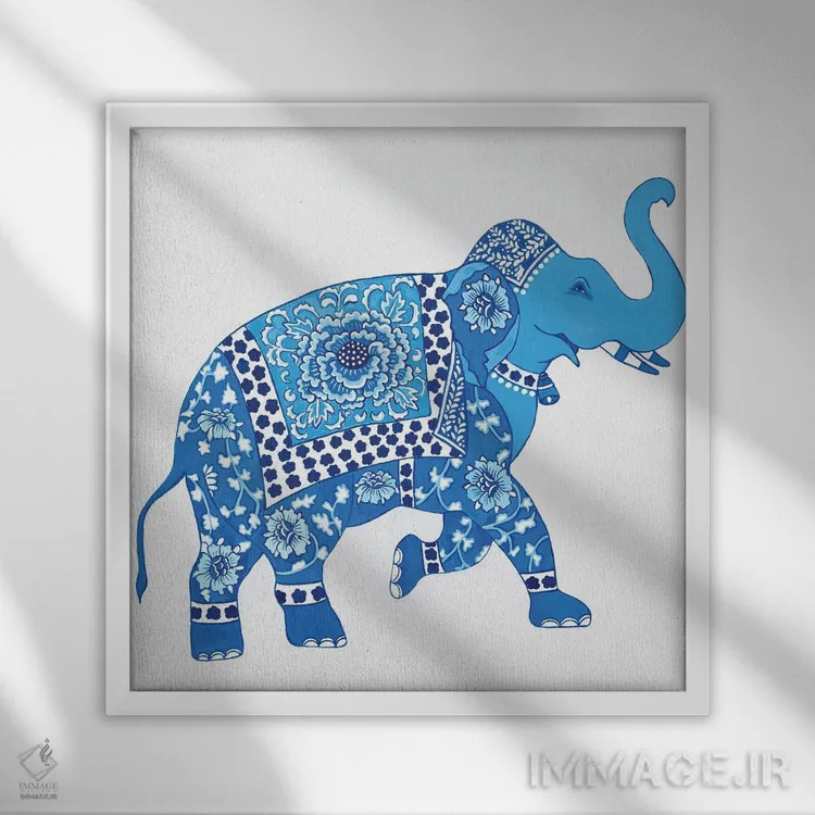 تابلو فیل چینی آبی و سفید ۲ اثر گرین ارکید بوتیک (بوتیک هنری) - نمای قابدار سفید