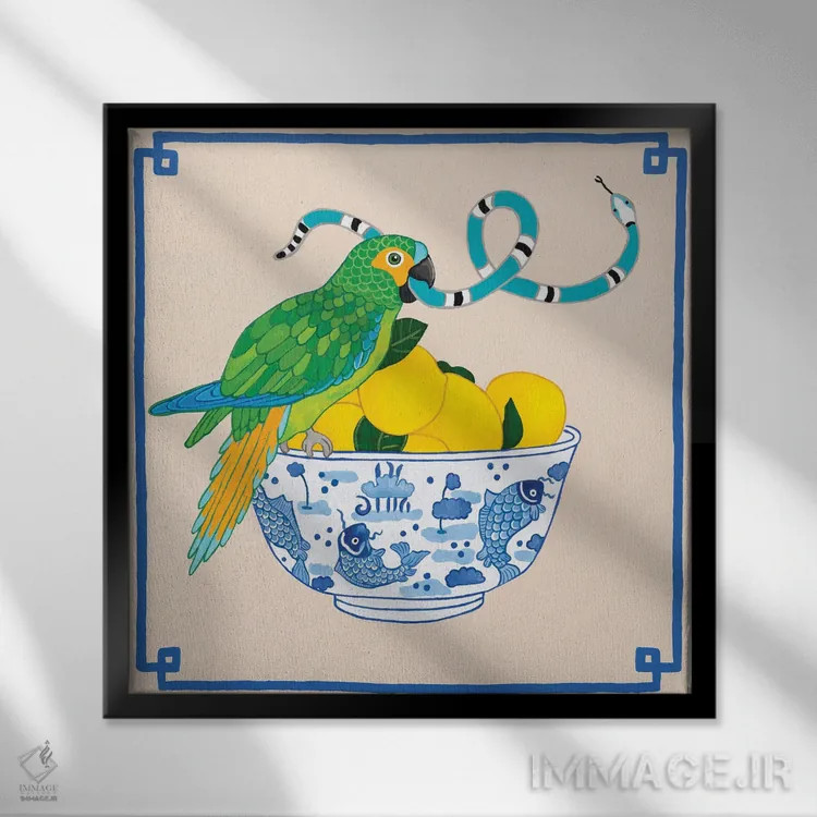 تابلو طوطی با مارها روی تنگ ماهی چینی با لیمو اثر گرین ارکید بوتیک (بوتیک هنری) - نمای قابدار مشکی