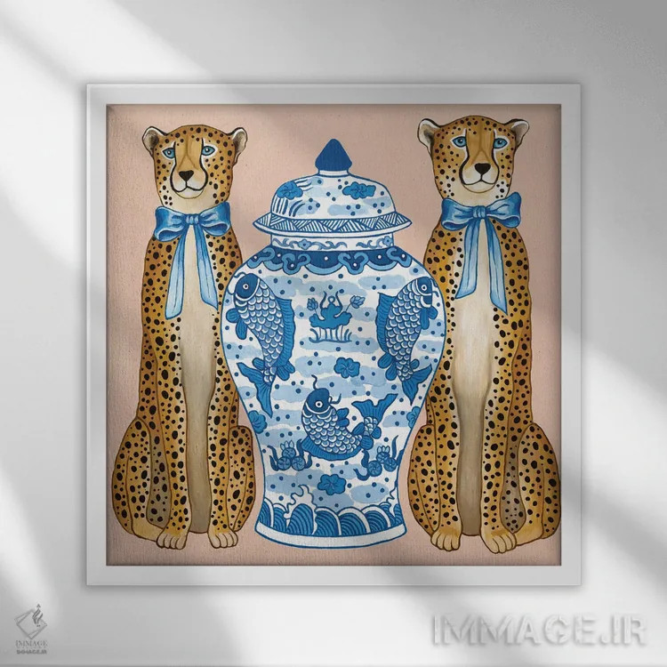 تابلو یوزپلنگهای چینی با کوزه زنجبیلی آبی و سفید اثر گرین ارکید بوتیک (بوتیک هنری) - نمای قابدار سفید