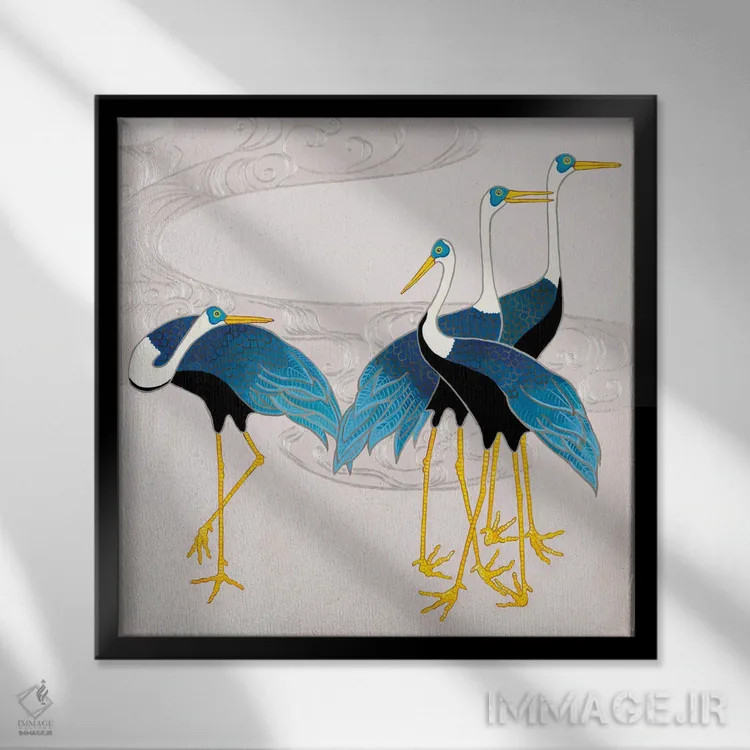 تابلو درناهای ژاپنی آبی و سفید روی ارغوانی ۲ اثر گرین ارکید بوتیک (بوتیک هنری) - نمای قابدار مشکی