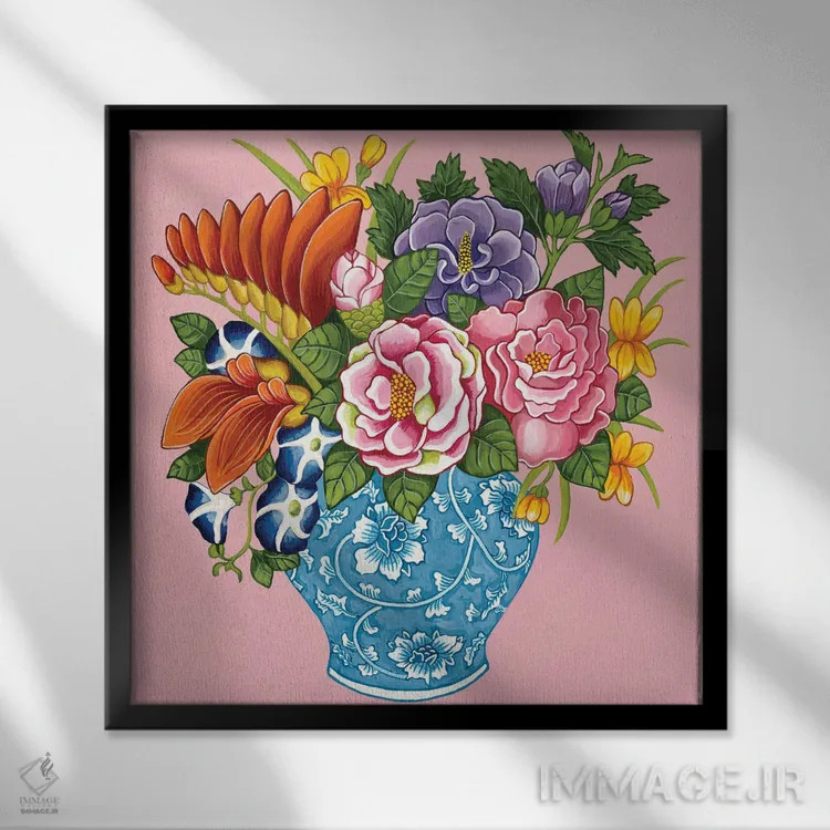 تابلو گلهای صدتومانی و رز چینی در کوزه زنجبیلی آبی و سفید روی صورتی اثر گرین ارکید بوتیک (بوتیک هنری) - نمای قابدار مشکی