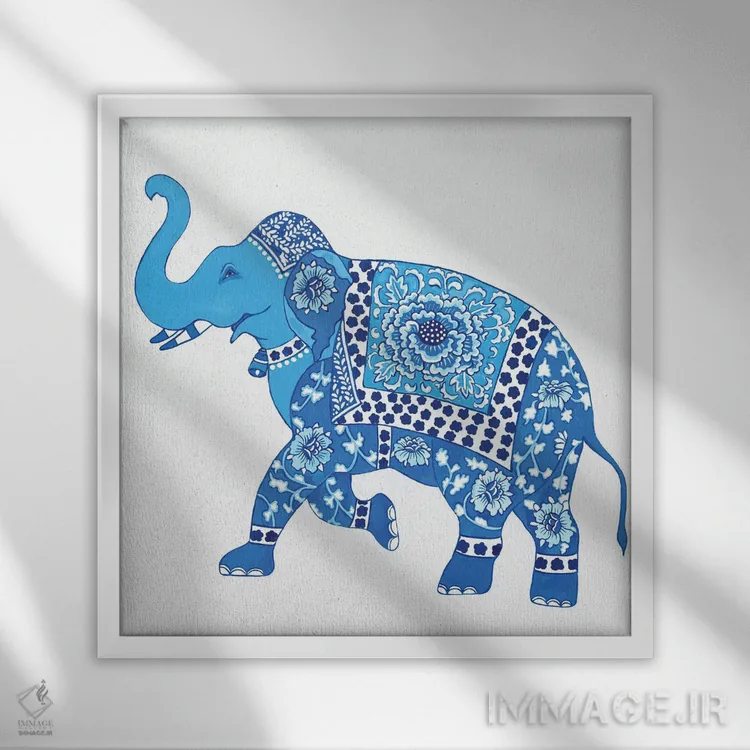 تابلو فیل چینی آبی و سفید ۱ اثر گرین ارکید بوتیک (بوتیک هنری) - نمای قابدار سفید