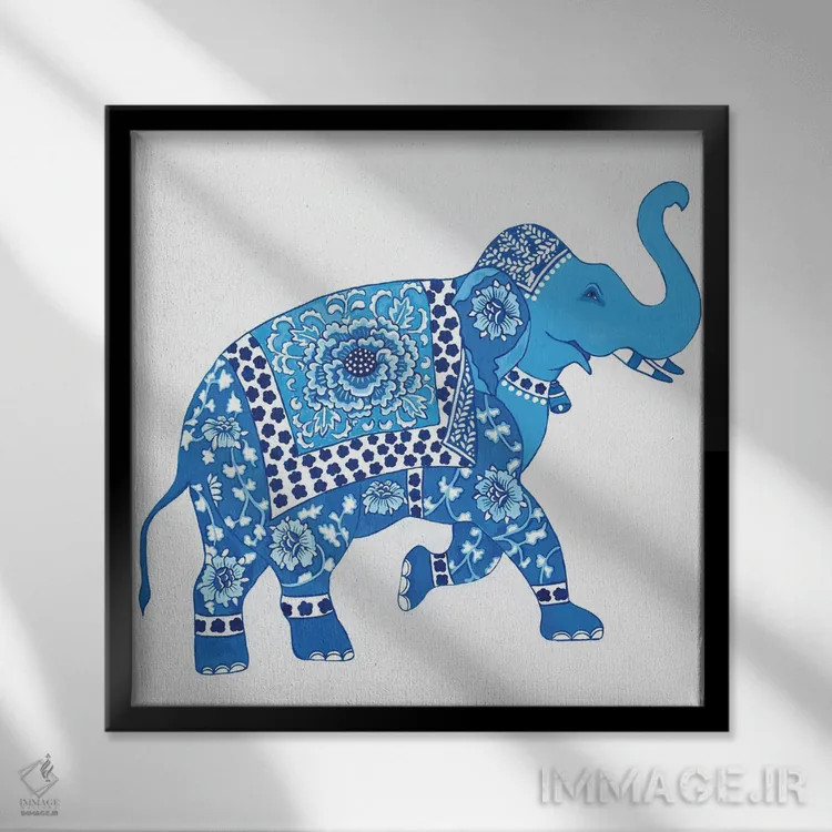 تابلو فیل چینی آبی و سفید ۲ اثر گرین ارکید بوتیک (بوتیک هنری) - نمای قابدار مشکی