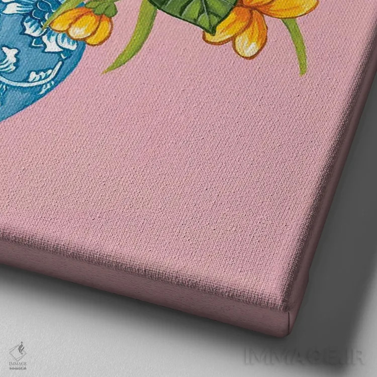 تابلو گلهای صدتومانی و رز چینی در کوزه زنجبیلی آبی و سفید روی صورتی اثر گرین ارکید بوتیک (بوتیک هنری) - نمای نزدیک بافت بوم