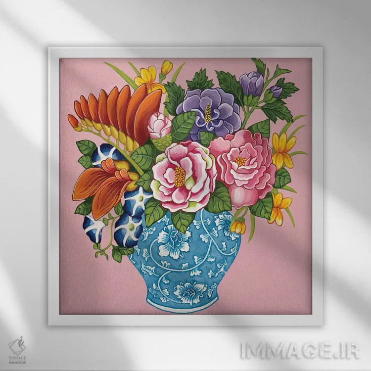 تابلو گلهای صدتومانی و رز چینی در کوزه زنجبیلی آبی و سفید روی صورتی اثر گرین ارکید بوتیک (بوتیک هنری) - نمای قابدار سفید