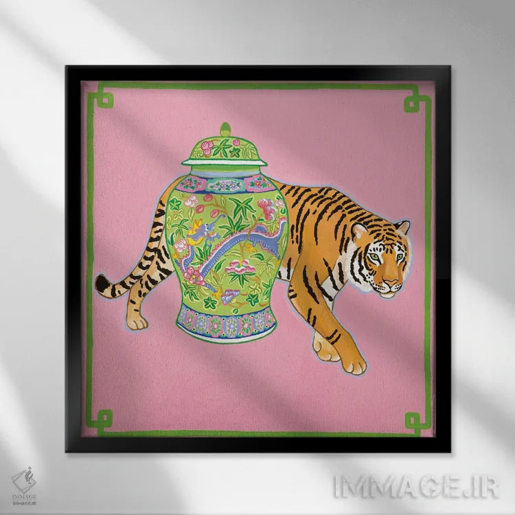 تابلو ببر چینی مدرن با کوزه زنجبیلی اژدها اثر گرین ارکید بوتیک (بوتیک هنری) - نمای قابدار مشکی