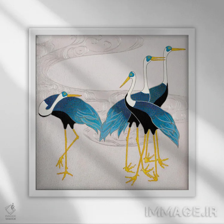 تابلو درناهای ژاپنی آبی و سفید روی ارغوانی ۲ اثر گرین ارکید بوتیک (بوتیک هنری) - نمای قابدار سفید