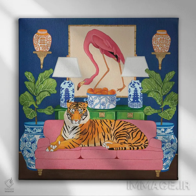 تابلو ببر چینی در اتاق نشیمن با کوزه زنجبیلی فلامینگو و برگ انجیری اثر گرین ارکید بوتیک (بوتیک هنری) - نمای روبهرو روی دیوار