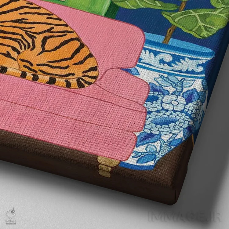 تابلو ببر چینی در اتاق نشیمن با کوزه زنجبیلی فلامینگو و برگ انجیری اثر گرین ارکید بوتیک (بوتیک هنری) - نمای نزدیک بافت بوم