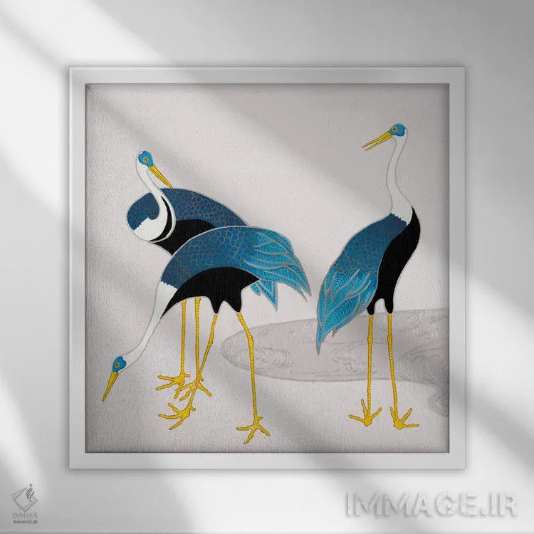 تابلو درناهای ژاپنی آبی و سفید روی ارغوانی ۱ اثر گرین ارکید بوتیک (بوتیک هنری) - نمای قابدار سفید