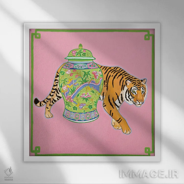 تابلو ببر چینی مدرن با کوزه زنجبیلی اژدها اثر گرین ارکید بوتیک (بوتیک هنری) - نمای قابدار سفید
