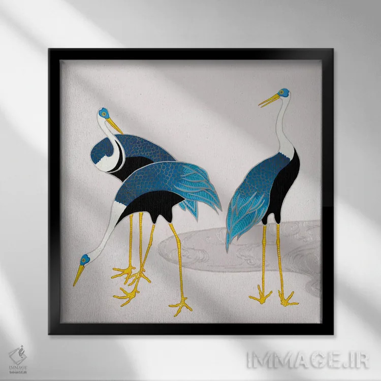 تابلو درناهای ژاپنی آبی و سفید روی ارغوانی ۱ اثر گرین ارکید بوتیک (بوتیک هنری) - نمای قابدار مشکی