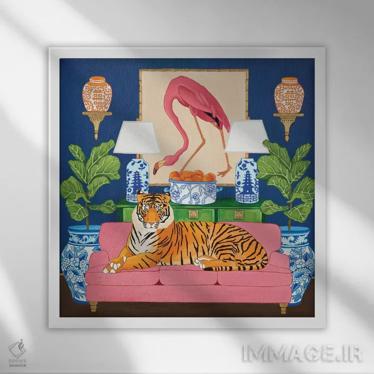 تابلو ببر چینی در اتاق نشیمن با کوزه زنجبیلی فلامینگو و برگ انجیری اثر گرین ارکید بوتیک (بوتیک هنری) - نمای قابدار سفید