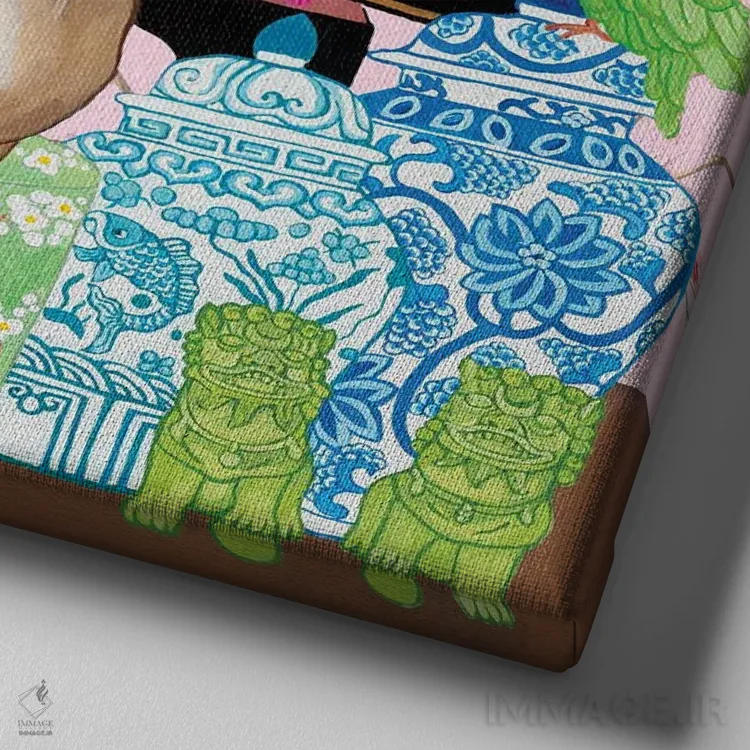 تابلو میمون و گربه چینی در اتاق نشیمن با کوزه زنجبیلی و سگهای فو اثر گرین ارکید بوتیک (بوتیک هنری) - نمای نزدیک بافت بوم