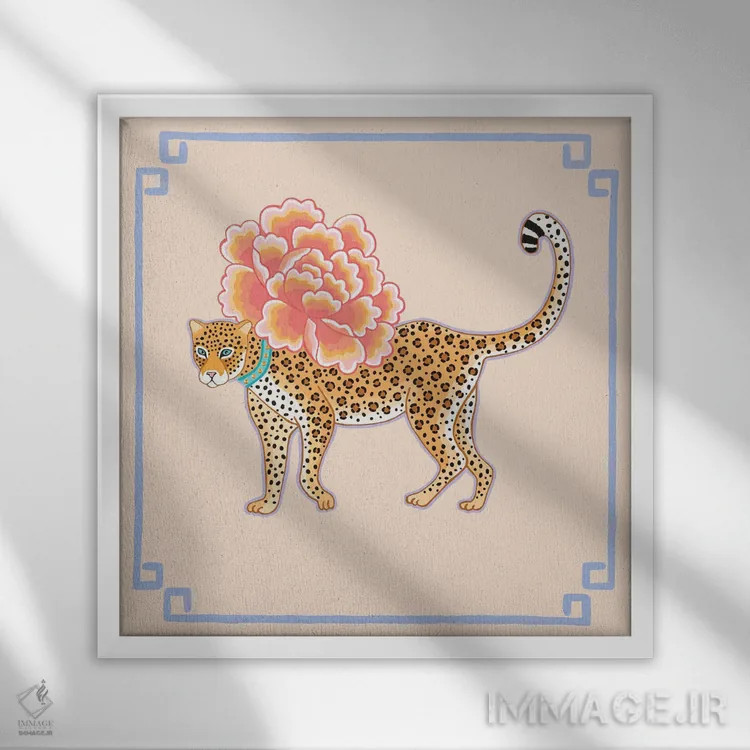 تابلو یوزپلنگ چینی با گل صدتومانی اثر گرین ارکید بوتیک (بوتیک هنری) - نمای قابدار سفید