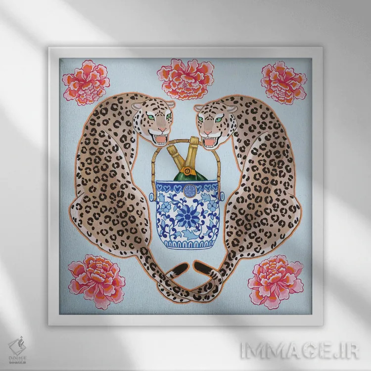تابلو یوزپلنگهای چینی با سطل شامپاین آبی و سفید اثر گرین ارکید بوتیک (بوتیک هنری) - نمای قابدار سفید