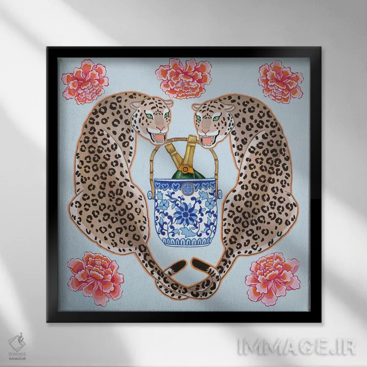 تابلو یوزپلنگهای چینی با سطل شامپاین آبی و سفید اثر گرین ارکید بوتیک (بوتیک هنری) - نمای قابدار مشکی