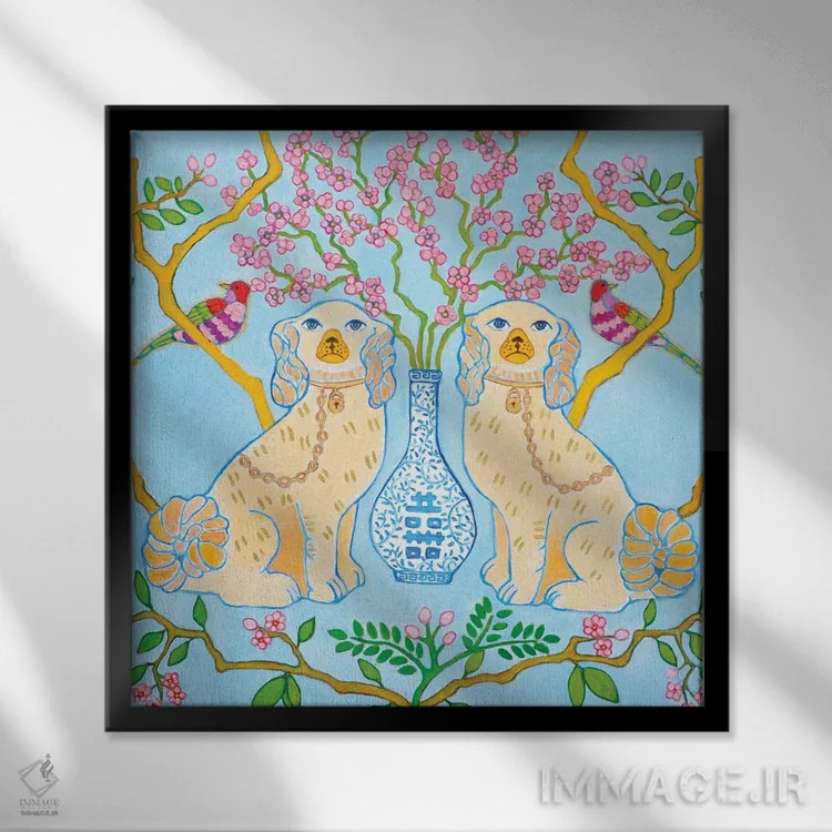تابلو سگهای استافوردشایر با کوزه زنجبیلی آبی-سفید روی زمینه آبی اثر گرین ارکید بوتیک (بوتیک هنری) - نمای قابدار مشکی