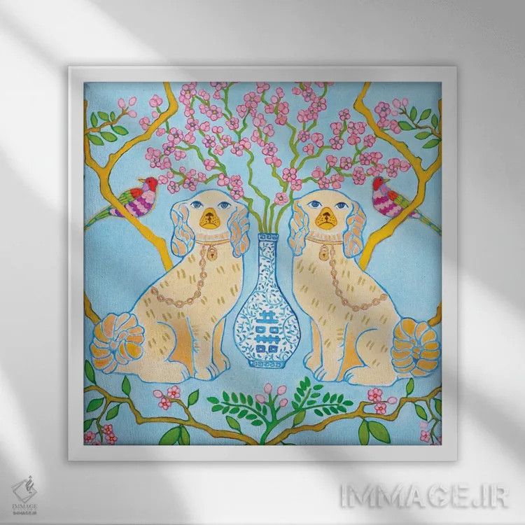 تابلو سگهای استافوردشایر با کوزه زنجبیلی آبی-سفید روی زمینه آبی اثر گرین ارکید بوتیک (بوتیک هنری) - نمای قابدار سفید