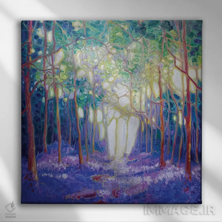 تابلو فرار از میان جنگل گلهای زنگولهای اثر گیل بوستامانته - نمای روبهرو روی دیوار