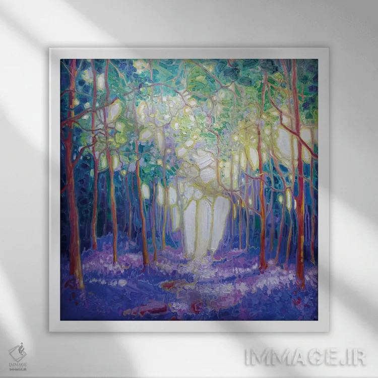 تابلو فرار از میان جنگل گلهای زنگولهای اثر گیل بوستامانته - نمای قابدار سفید