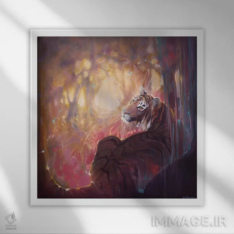 تابلو ببر ماده افسونشده اثر گیل بوستامانته - نمای قابدار سفید