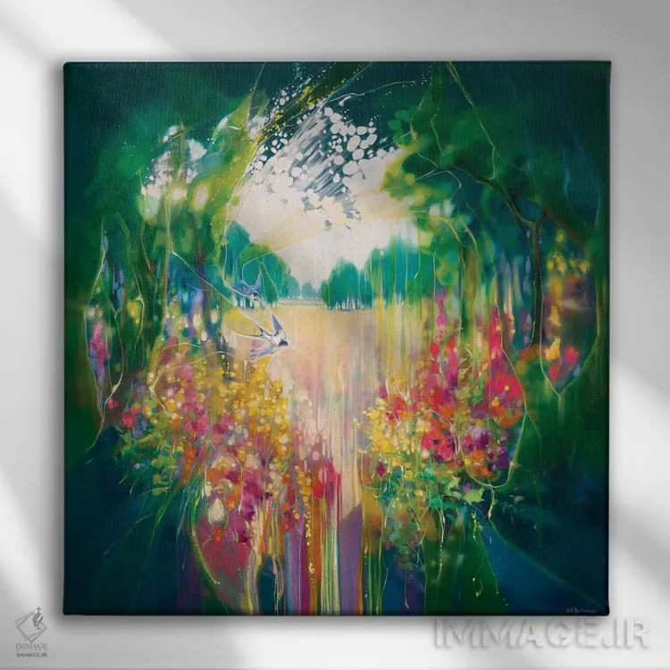 تابلو خلقت، باغی پنهان با چلچله و گلها اثر گیل بوستامانته - نمای روبهرو روی دیوار