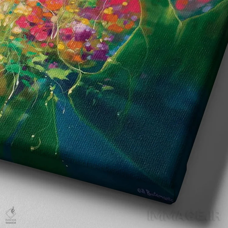 تابلو خلقت، باغی پنهان با چلچله و گلها اثر گیل بوستامانته - نمای نزدیک بافت بوم