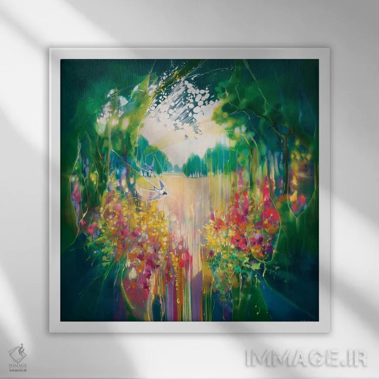 تابلو خلقت، باغی پنهان با چلچله و گلها اثر گیل بوستامانته - نمای قابدار سفید