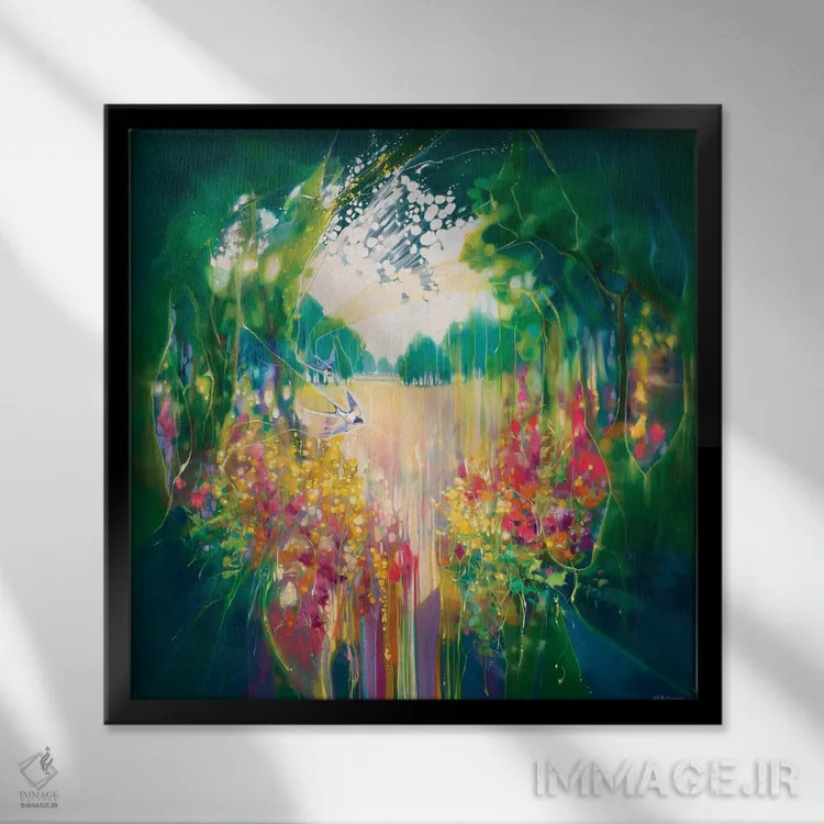 تابلو خلقت، باغی پنهان با چلچله و گلها اثر گیل بوستامانته - نمای قابدار مشکی